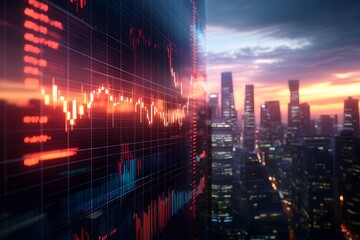 Fototapeta premium Dramatic 3D Render of High Stakes Market Drama with Towering Skyscrapers and Intense Uncertainty