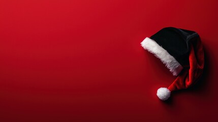 A festive Santa hat rests against a vibrant red background, perfect for capturing the essence of holiday cheer and celebration during the Christmas season.