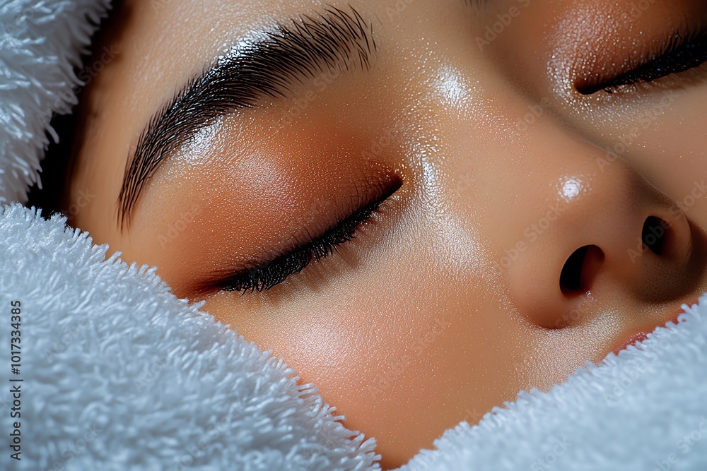 Poster Hyper-realistic close-up of a personâ€™s face in deep sleep, with every detail of their relaxed facial muscles and soft pillow visible