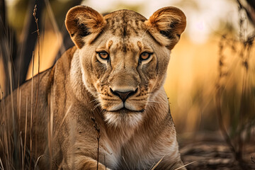 Lion is staring at the camera with its mouth open.