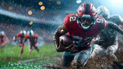 Fototapeta premium Determined Football Player Charging Through Defenders with Tight Grip on Ball Amidst Mid Tackle on Muddy Field with Cheering Stadium Crowd