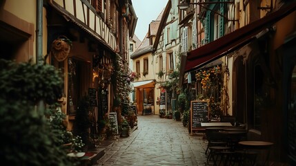 Fototapeta premium Cobblestone Alleyway in a European Town with Outdoor Seating