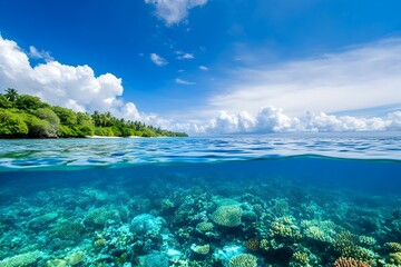 Fototapeta premium Thriving Underwater Marine Ecosystem with Coral Reef and Eco Tourism in a Tropical Paradise