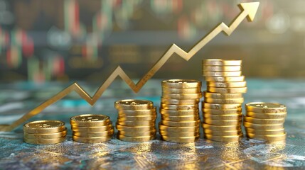 Financial Growth Visualization: 3D Investment Background with Currency, Cash, and Arrow Graph Strategy for Market Chart