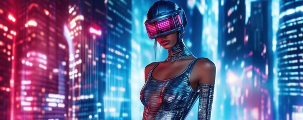 Fashion week model in a metallic bodyhugging outfit with a futuristic helmet