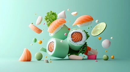 Detailed 3D showcasing the cross section of a vibrant appetizing sushi roll filled with a variety of Japanese ingredients