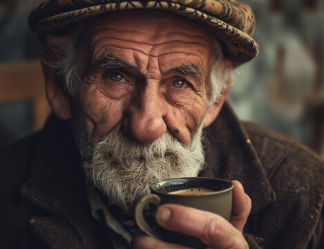 Close-up of an old man holding a cup of coffee, senior man drinking a cup of coffee