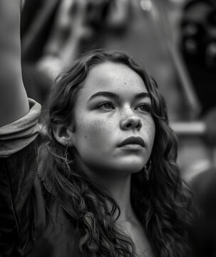 Defiant woman in a protest holding her fist in the air, Emotional black and white photo of a young woman in a protest
