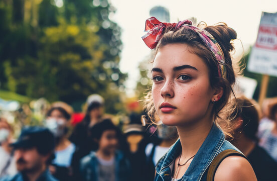 Young woman wearing a bandana at a protest march, young student at a protest demonstration