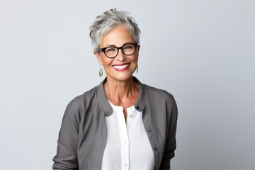 Portrait of happy senior businesswoman in eyeglasses smiling at camera while standing against grey background