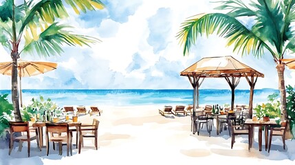 Watercolor Painting of a Tropical Beach Restaurant with Palm Trees and Loungers.