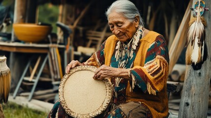 Fototapeta premium A Native American elder practicing traditional crafts, demonstrating an active and culturally rich lifestyle