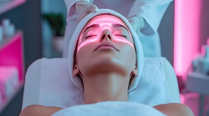 Futuristic facial treatment featuring glowing holographic skincare technology in a sleek high tech spa environment  The image showcases a concept of advanced