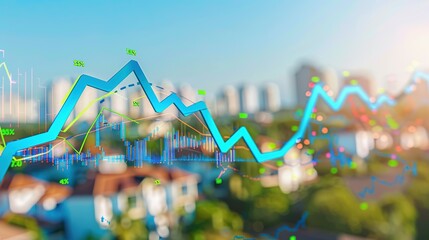 Houses Under Sunny Skies: Stock Market Chart Depicting Blue and Green Upward Arrows Reflecting Positive Trends