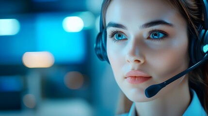 Futuristic Female Dispatcher Providing Professional and Efficient Customer Support at Modern Call Center Desk with Headset and Computer Emphasizing Productivity and Triadic Color Scheme
