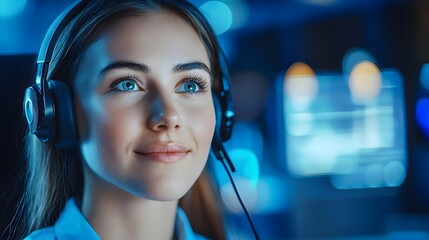 Close up of a young female technical support dispatcher working in a call center