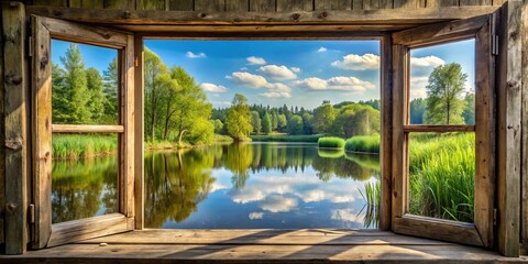 Fototapeta premium A rustic wooden frame encases a tranquil scene of a lake reflecting a sky dappled with fluffy clouds, revealing a serene and captivating glimpse into nature's beauty.