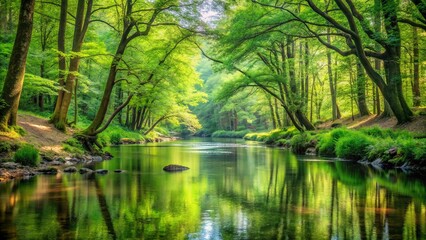 Obraz premium A serene forest river, dappled sunlight filtering through the canopy, creating a shimmering reflection on the tranquil water