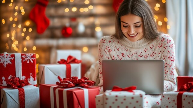 Online Christmas shopping: buying gifts, celebrating online.