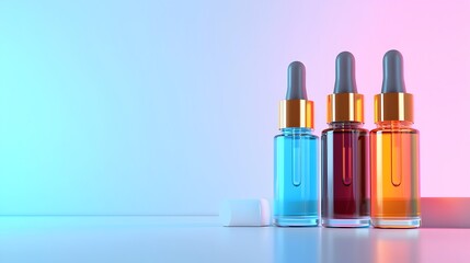 Futuristic digital display of glowing holographic skincare products arranged in a clean modern layout on a minimalist studio backdrop  Concept for healthcare beauty