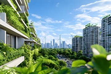 Fototapeta premium Sustainable Urban Sanctuary Eco Conscious Architecture Green Living and Renewable Energy in a Thriving Metropolis