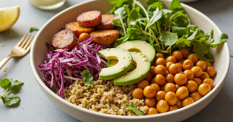 A nutrient-packed bowl featuring roasted sweet potatoes, quinoa, purple cabbage, avocado, fresh greens, and golden chickpeas, offering a balanced, colorful, and healthy plant-based meal. Generative AI