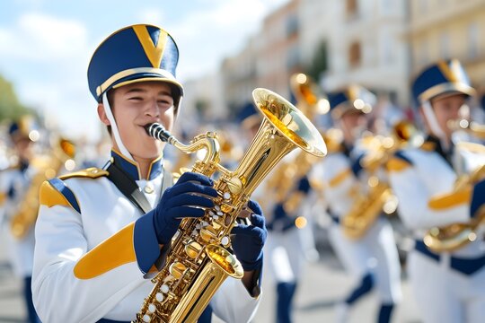 A low-angle image capturing a marching band performing in a grand,historic town parade with brass instruments,uniforms,and an enthusiastic crowd. The scene showcases the energy,tradition.