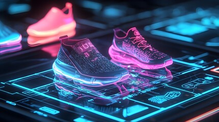 Augmented reality shoe shopping experience with glowing neon products and a modern futuristic tech interface  Virtual display of footwear and accessories in an interactive
