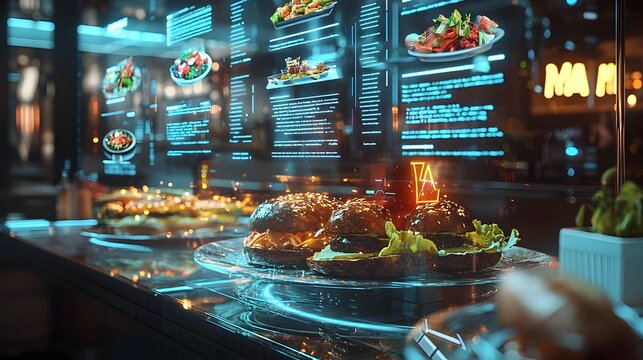 Augmented reality food court menu featuring a sleek futuristic digital interface with glowing holographic displays and interactive screens in a modern cutting edge mall setting