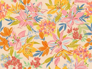 Hand-drawn lily and wildflower seamless pattern. Abstract botanical textile design. Floral pattern for banners, cards, invitations, and gift wrapping.