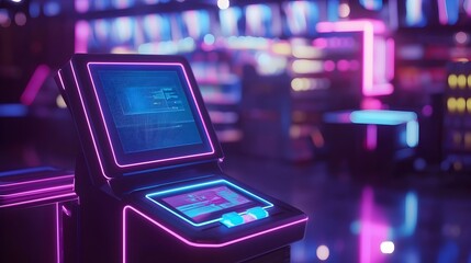 Fototapeta premium Futuristic Smart Checkout System with Glowing Neon Interface in Advanced Retail Environment Innovative digital payment and transaction platform for efficient and convenient shopping experience