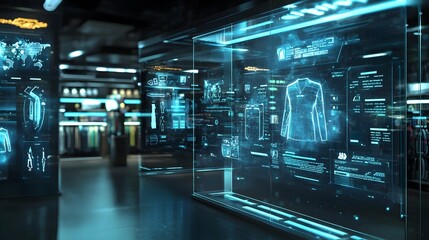 Obraz premium Glowing holographic product displays showcased in a futuristic city mall featuring a seamless and immersive shopping interface that blends the physical and digital realms