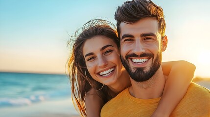 Fototapeta premium A young couple enjoying a joyful piggyback ride together at sunrise by the beautiful beach with the ocean in the background capturing the fun and love they share on a warm summer day