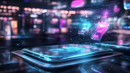 Innovative and Futuristic Holographic Online Shopping App featuring a Sleek and Visually Appealing Modern Interface to Browse Explore and Purchase Digital Products and Services