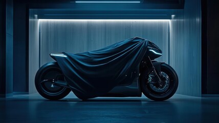 Sleek electric motorcycle under a cover, just the new wheels peeking out