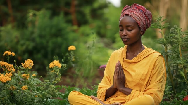A Somali woman meditates in a quiet garden. Their thoughts focus on achieving inner peace
