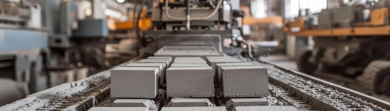 Machines creating concrete blocks in a construction materials plant, concrete block production, building materials, mass production