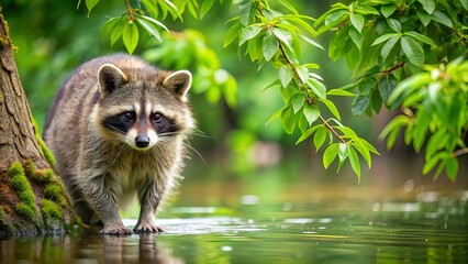 Fototapeta premium A Curious Raccoon Stands at the Edge of a Tranquil Pond, Its Dark Eyes Fixed on Something Hidden in the Lush Foliage