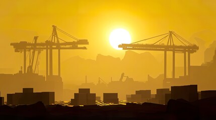Fototapeta premium Silhouetted cranes against a sunset backdrop.