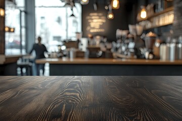 Fototapeta premium A dark wooden table with a blurred cafe background.
