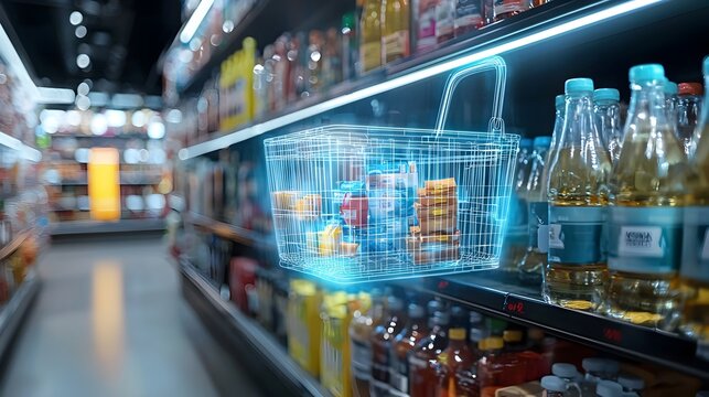 Conceptual image of a smart shopping basket with holographic product details in a minimalist high tech store interior design  Futuristic digital technology modern retail experience