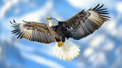 Obraz premium Bald Eagle Soaring with Wings Spread in a Blue Sky