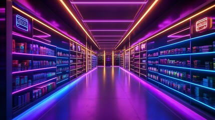 Futuristic holographic price tags and smart retail environment with glowing neon store shelves showcasing innovative future technology and digital commerce concept
