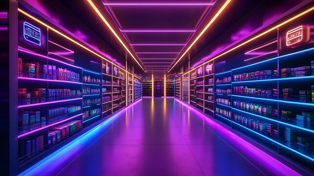 Futuristic holographic price tags and smart retail environment with glowing neon store shelves showcasing innovative future technology and digital commerce concept