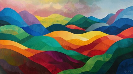 Vibrant Landscape Painting Featuring Mountains and Hills: An AI Creation