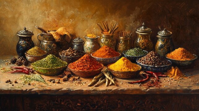 A still life painting of various spices in bowls, jars, and on a table, with a warm, golden light.