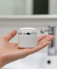 A woman's hand holding a small jar of facial cream with a blurred bathroom background, cream visible on the fingertips ready for application, ideal for beauty products.