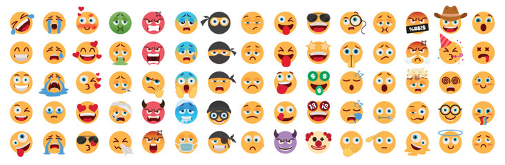 Emoji flat emoticon characters vector set. Emojis flat cute character collection in happy, naughty, crying, in love, sick and evil facial expression graphic elements. Vector illustration emoticons 