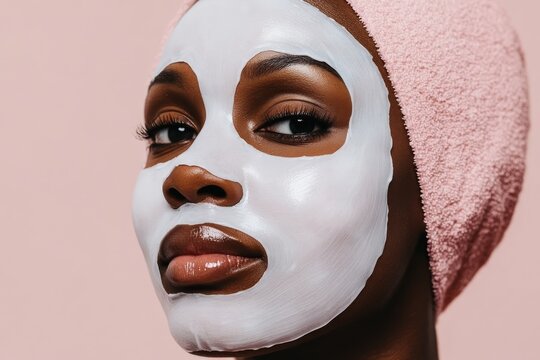 A closeup of a woman&rsquo;s face covered with a hydrating sheet mask, focusing on her dry skin areas, set against a light clean studio background, ideal for skincare blogs or products.