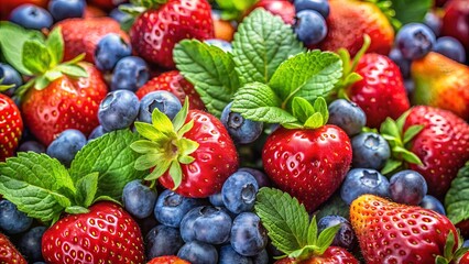 Obraz premium A vibrant medley of ripe strawberries and blueberries, interspersed with fresh green leaves, creates a captivating visual feast.